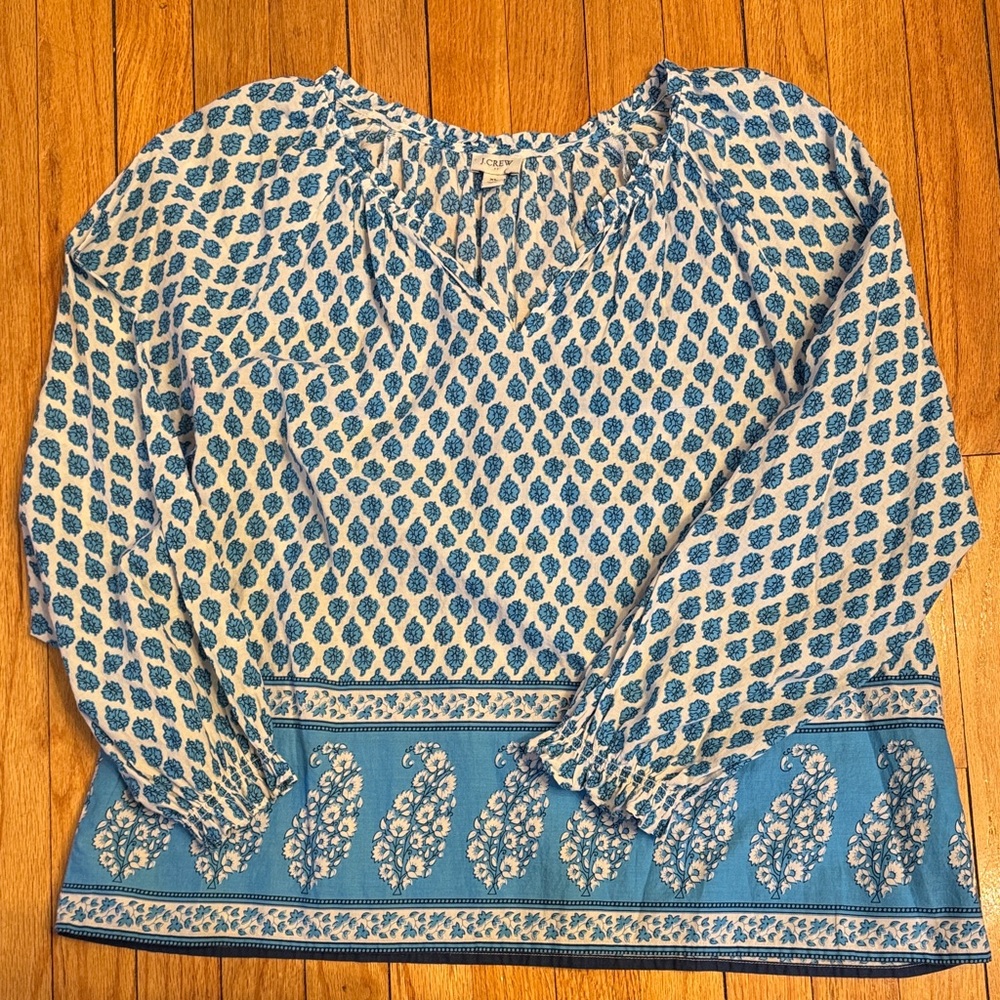 J. Crew Blouse 100% Cotton Blue and White Patterned Blouse XL